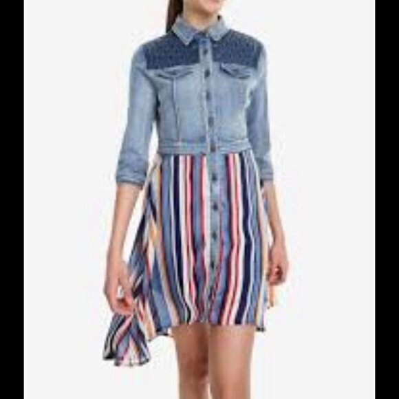 Desigual Denim Women's Front Button Striped High/Low Dress Size 10 - Picture 1 of 12